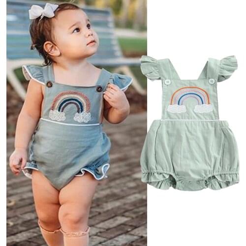 Baby Girls Sweet Ruffles Fly Sleeve Romper Fashion Rainbow Embroidery Backless Square Neck Jumpsuits