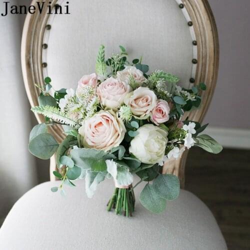 JaneVini Western Style Artificial Brides Bouquet De Rose Cream Peony Silk Fake Wedding Flowers Bridal Bouquets Hand Holder 2021