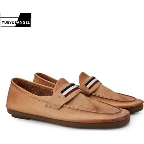 Men Natural Leather Loafers Spring Autumn New Driving Shoes Striped Designer Business Office Slip-On Casual Footwear Sneakers