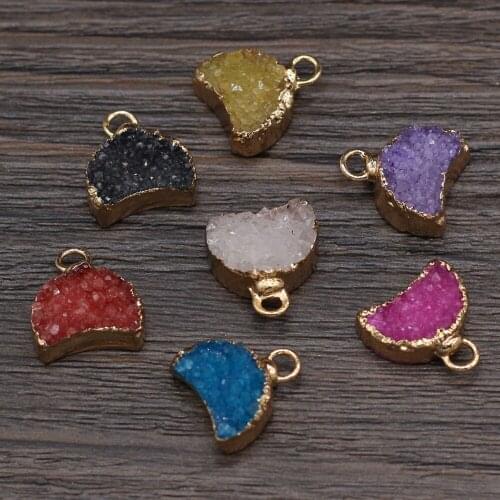 Natural Druzy Crystal Pendants Crescent Moon Gold plated Druzy for Jewelry Making Women Necklace Earrings Accessories