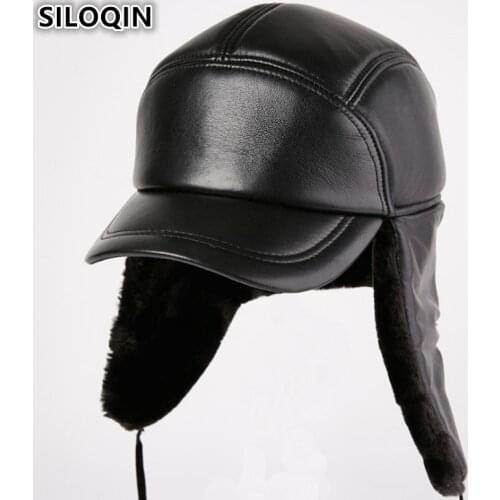 SILOQIN Dad Hat Genuine Leather Hat Winter Thicken Sheepskin Bomber Cap Middle Old Aged Earmuffs Leisure Warm Hats Gorras Hombre