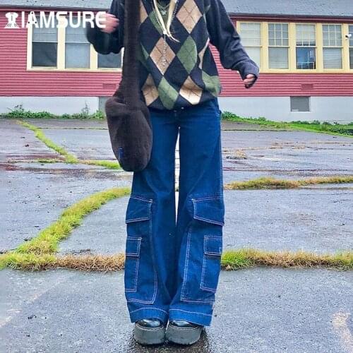 IAMSURE Blue Loose Pockets Jeans Plus Size Mid-Waisted Wide Leg Pants Baggy Cargo Pants Female 2020 Winter Casual Streetwaer Y2K
