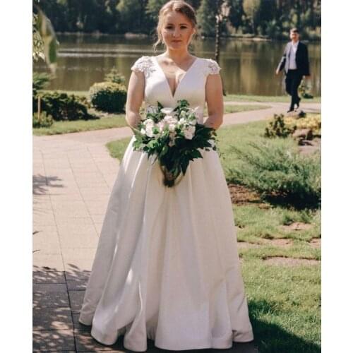 Wedding Dress Plus Size A-Line Cap Sleeve Deep V-Neck Lace Appliques Beads Satin Floor Length Bride Gown Custom Made New