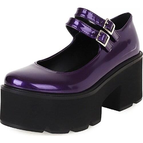Patent Women Pumps Gothic Shoes Ankle Strap High Chunky Heels Platform Punk Creepers Shoes Female Fashion Buckle Comfortable