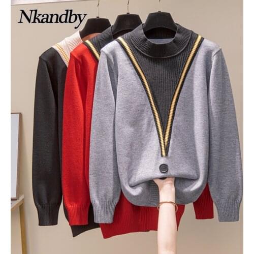 Nkandby Plus Size Turtleneck Pullovers Sweaters Women 2021 Autumn Winter Fashion Patchwork Knitted Jumpers Oversized Knitwear