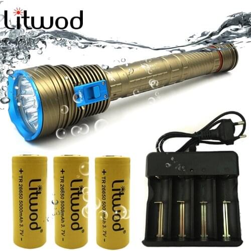 Z20DX9 Original CREE XM-L T6 9 LED 8000 Lumens Diving Flashlight Torch Light Waterproof Underwater 100m by 26650 Battery Litwod