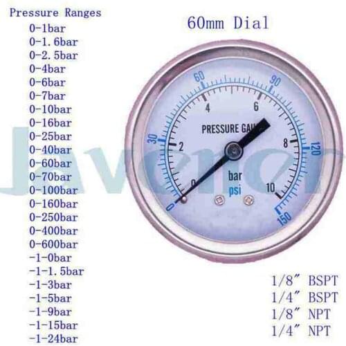 Back Axial Mount 1/8" 1/4" BSPT/NPT 60mm Dial -1 To 600 Bar Pressure Gauge 304 Stainless Bar PSI N2 Steam Brewing Pneumatic