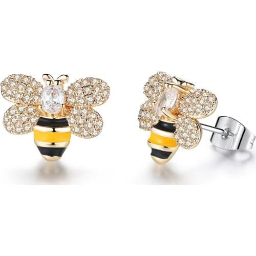 Womens Fashion Sweet Temperament Glaze Drop Oil Inlaid Zircon Bee Stud Earrings