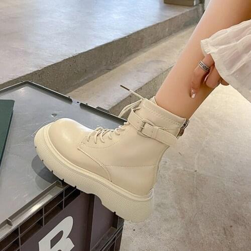 Shoes Womens Boots Autumn Boots-Women Flat Heel Lace Up Round Toe Ankle 2021 Ladies High Heel Rock Black Cotton Fabric Cross-ti