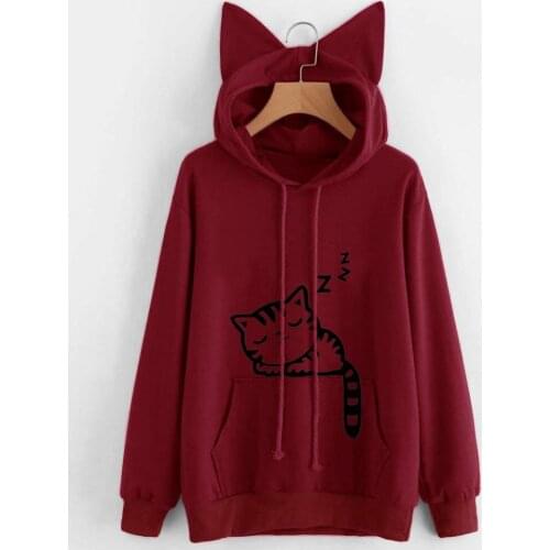 2021 Long Sleeve Hoodies Womens Spring Autumn Harajuku Solid Fashion Hat With Ears Patchwork Tops Kawaii Cat Printed Sweatshirt