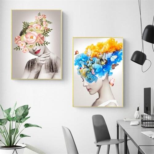 Women Posters and Prints Feather Women Flowers Abstract Beauty Canvas Painting Wall Decor Aisle Home Decoration Unframed