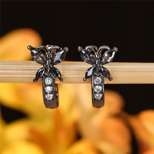 Multicolor Zircon Stone Cute Butterfly Hoop Earrings For Women Wedding Vintage Fashion Gold/Black/Rose Gold/Silver Color Earring