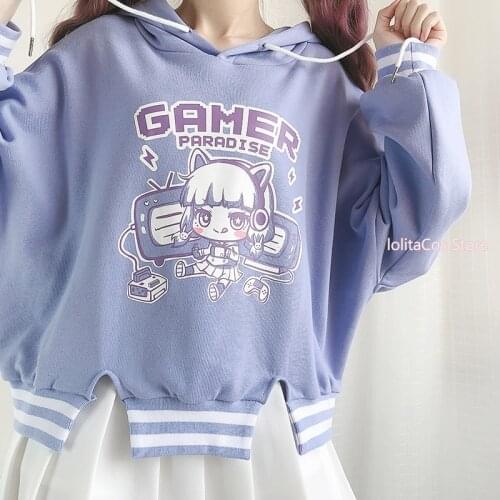 Harajuku Women Pullover Gamer Paradise Girl Cartoon Printed Hoodie Lolita Autumn Winter Violet Short Splicing Hooded Sweatshirt