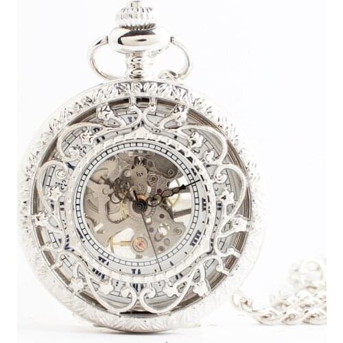 10pcs/lot Hot Sell Sillver Skeleton Hollowed Flower Mechanical Pocket Watches Roman Dial Men Women Pocket Watch Chain