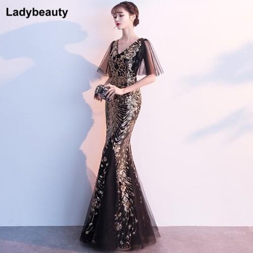2019 V Neck Mermaid Evening Dress Sequins short sleeve prom gowns Formal Party dress vestido de festa Elegant Luxury robe longue