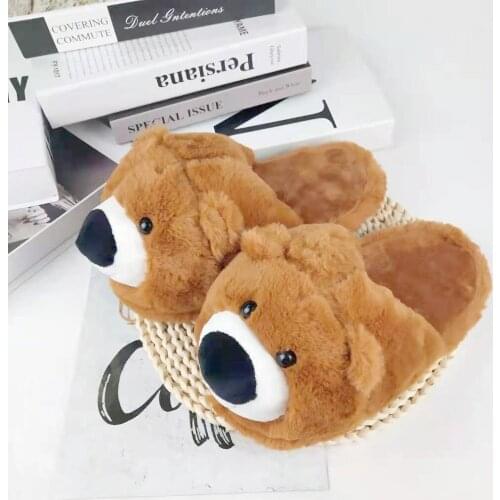 Autumn Winter Warm Couple Home Fluffy Cotton Slippers Cartoon Teddy Bear Womens Shoes