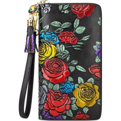 7PCS / LOT Split Leather Long Ladys Wallet Vintage Flower Women Wrist Wallets Female Phone Purses Handbags