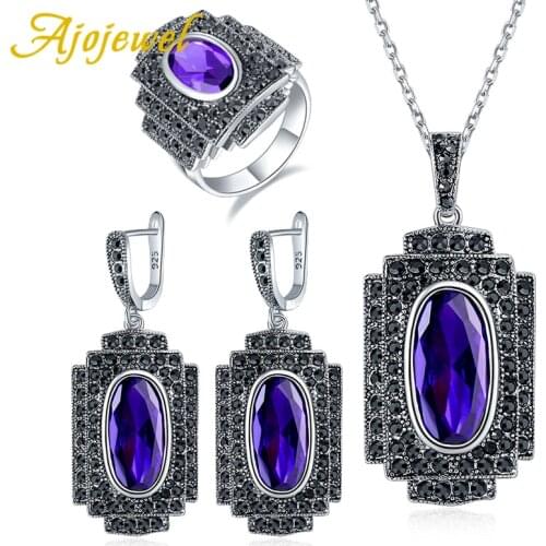 Ajojewel Newly Jewelry Set Red/Black/Purple Austria Crystal Full Of Black Rhinestone Square Geometric Necklace Earring And Ring