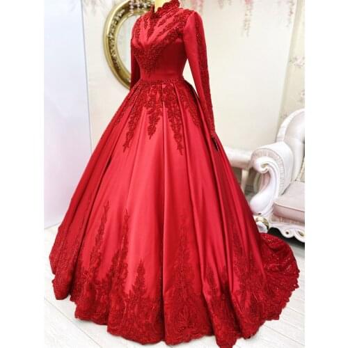 Satin Appliques Beaded Long Sleeve Muslim Prom Dresses 2021 Beaded High Neck Saudi Arabia Dubai Formal Evening Party Ball Gown
