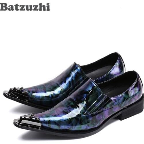 Batzuzhi Handmade Italian Style Men Dress Shoes Iron Pointed Toe Blue Men Business Leather Shoes Party Stage Footwear Men, 38-46