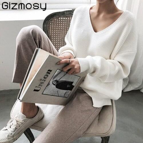 Gizmosy 2020 Autumn winter new womens knitwear sexy V-neck loose minimalist tops korean irregular hem knitted casual sweaters