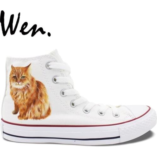 Wen Custom Design Hand Painted Canvas Shoes Pet Cat American Bobtail High Top White Breathable Sneakers Gifts for Girls Boys