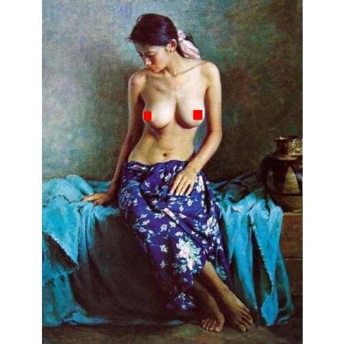 100%Handmade Oil Painting Hand Oil painting portrait nice nude naked Chinese young girl sitting Hand painted