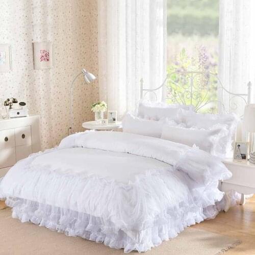4Pieces White Lace Bedspread Princess Solid Color Lacework Bedding Set King Queen Size Bed Set Cotton Duvet Cover Bed Skirt