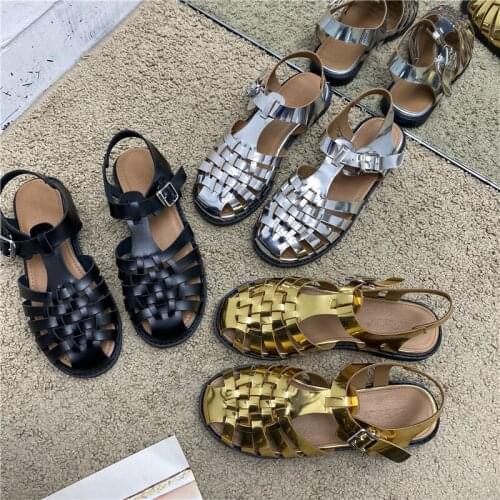 Korean Weave Gladiator Sandals Women Cross Band Flat Summer Shoes Woman Buckle Strap Sandales Cut Out Knitted Sandalias 2021