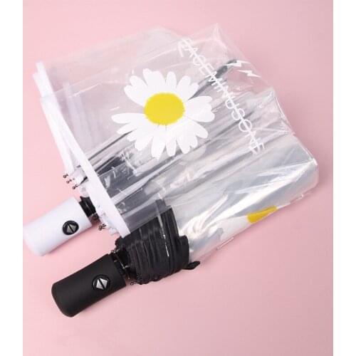 Korean small daisy fully automatic transparent women rain umbrella three-folding simple trend windproof strong umbrella