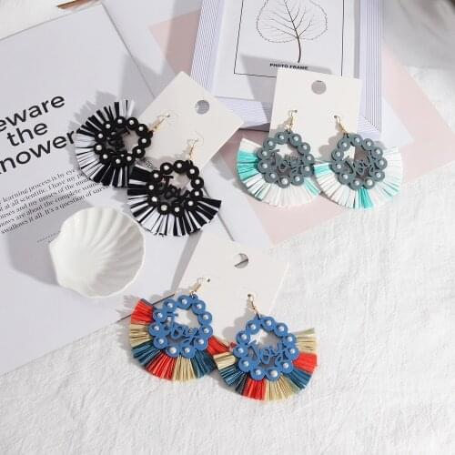 Hot Fashion Water drop Raffia Paper Straws Bohemia Handmade Geometric Joy Drop Earrings For Lady