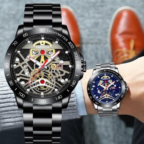 NIBOSI Fashion Hollow Skeleton Mens Watch Luxury Chronograph Luminous Waterproof Watch Wristwatch Quartz Clock Relogio Masculino