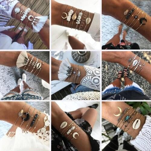 Classic Tassel Crescent Seashell Stone Fragments Crystal Multilayer Adjustable Bracelet Set For Women Fashion Bohemia Jewelry