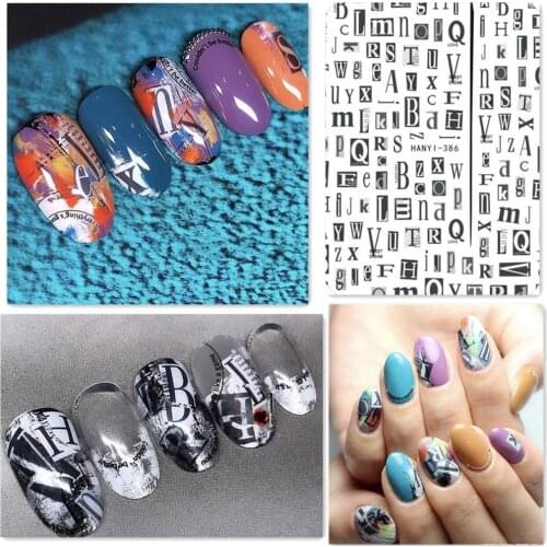 Newest HANYI series 386 3d nail art stickers back glue DIY decal decorations for nail art wraps