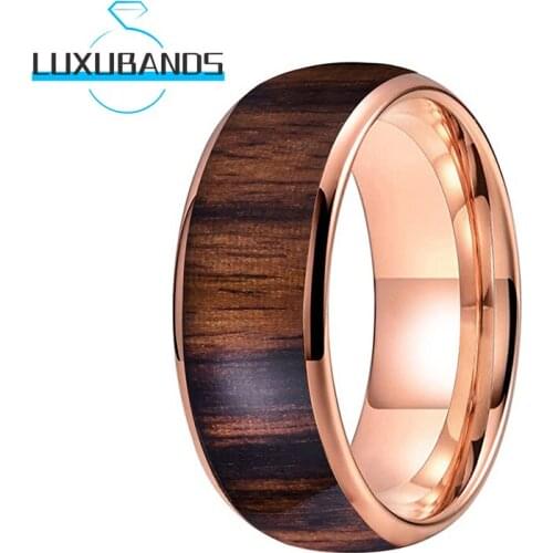 8MM Rose Gold Wedding Rings For Men Women Real Wood Inlay Engagement Bands Tungsten Carbide Polished Finished Comfort Fit