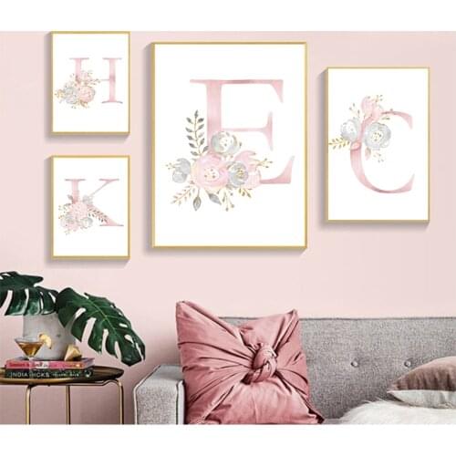 Print Paintings Wall Pictures For Baby Room Decor Baby Canvas Poster Nursery Art Painting Girls Custom Name Posters Pink Flower