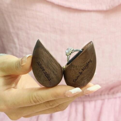 Personalized Heart Shaped Walnut Wood Ring Box Velvet Soft Interior Holder Organizer Jewelry Wooden Box for Proposal Engagement