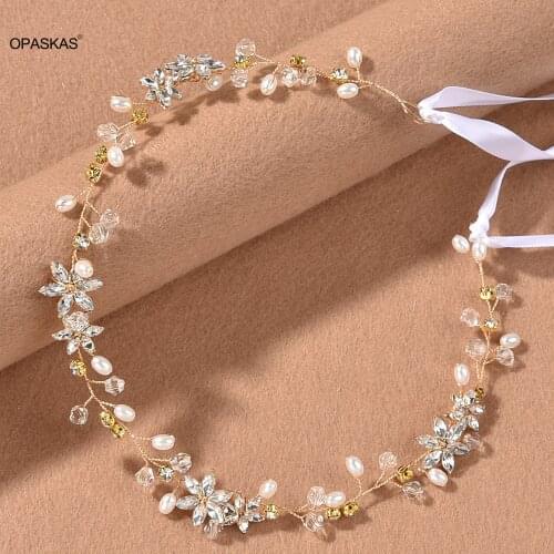 Pearl Crystal Headband Gold and Silver Headdress Bridal Wedding Hair Accessories Head Decoration with Ribbon PT PT