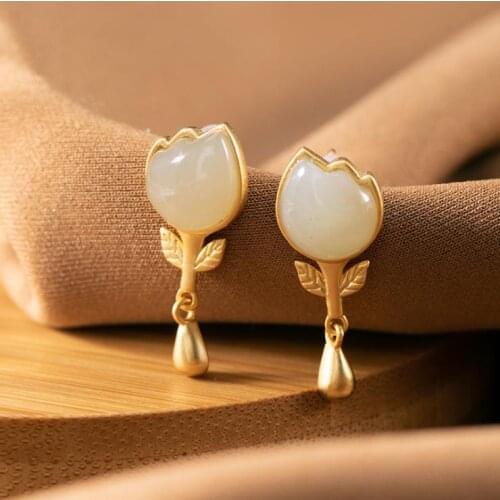 S925 Sterling Silver Inlaid Hetian Jade Tulip Earrings Womens Natural Jade Golden Leaf Earrings Fashion Drop Stud Earrings