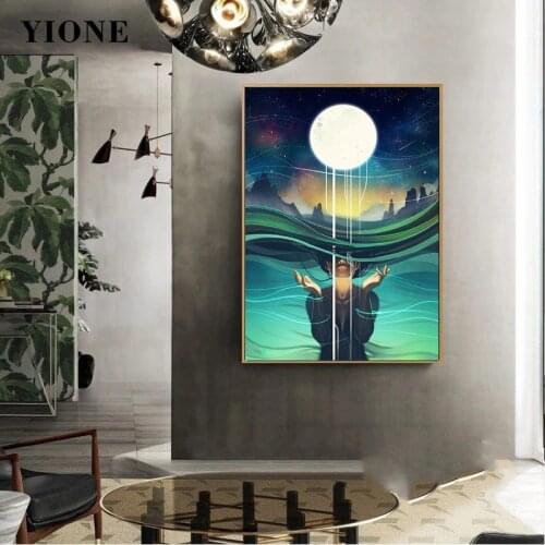 Norse Mythology Long Hair Girl Canvas Art Posters and Prints Abstract Glowing Sea Sky Fairy Tale Wall Painting Picture for Room