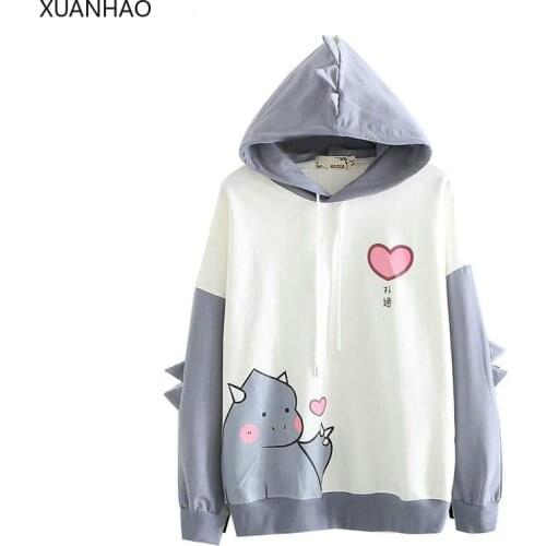 XUANHAO Women Dinosaur Print Funny Hoodies Sweatshirt With Horns Harajuku Hooded Teens Cotton Tracksuit Cute Girls Pullovers