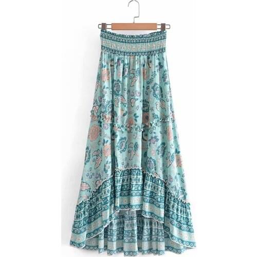YENKYE Sweet Floral Print Holiday Boho Long Skirt Women Elastic High Waist Summer Faldas Largas Mujer Holiday Beach Jupe Longue