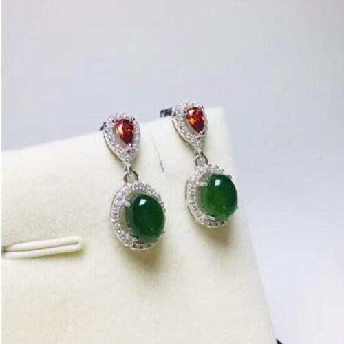 Natural Hetian Jade Earrings 925 Sterling Silver Inlaid Zircon Jasper Stud For Women Jewelry