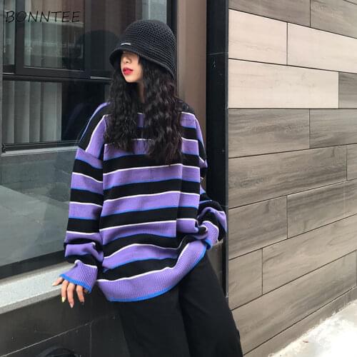 Sweaters Women Striped Student Chic Stylish Casual Loose All-match Autumn O-Neck Feminino Pullovers Streetwear Knitting Ulzzang