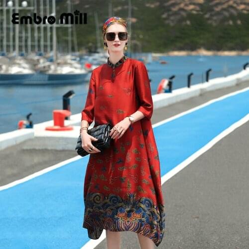 Silk Dress Female Autumn New Vintage Style Small Stand Collar Palace Printing Elegant Loose Cheongsam Womens Clothing S-XL