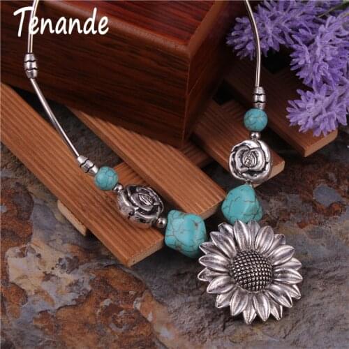 Tenande Big Statement Sun Flower Pendant Necklaces Vintage Tibet Silver Color Natural Stone Beads Necklaces for Women Boho