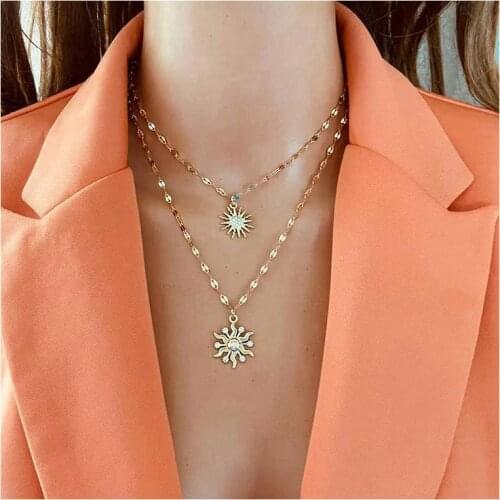 Korean Simplie Sun Flower Pendant Necklace Womans Vintage Double Layer Necklace Lady Sun Flower Rhinestone Necklace Jewelry Gift
