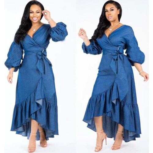 New Spring Ruffles Lantern Sleeve V-Neck Dress Women Vintage High Waist Belt Trumpet Long Maxi Dress Robe Boho Vestidos
