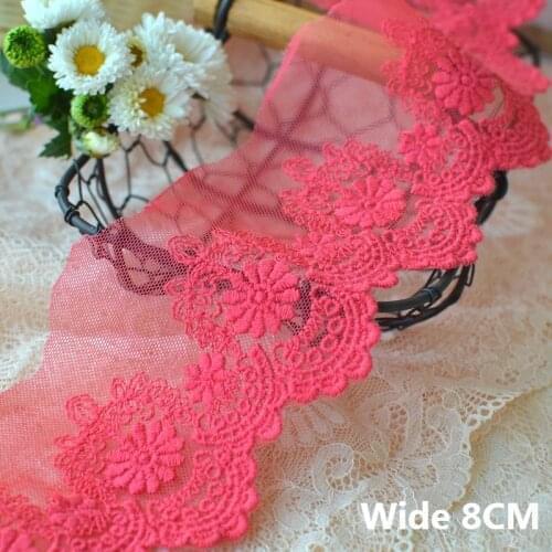 8CM Wide Tulle Red Cotton Yarn Embroidery Flowers Lace Fabric Applique Collar Trim Apparel Skirt Stitching Material Sewing Decor