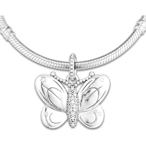 Fits for Pandora Charms Bracelets Decorative Butterfly Beads with Clear CZ 100% 925 Sterling Silver Jewelry Free Shipping